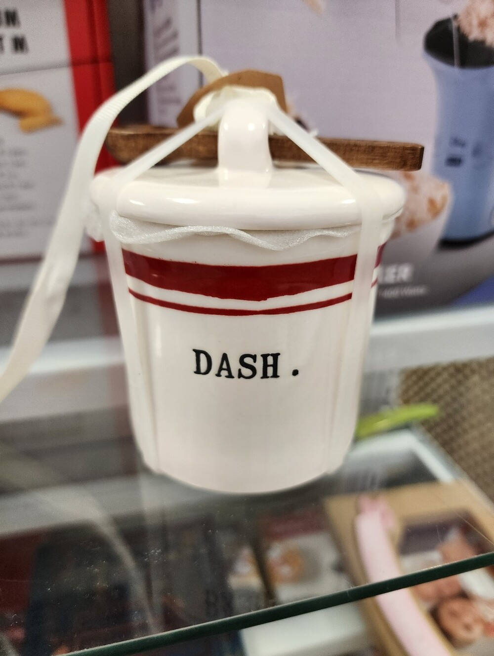 Rae Dunn White Ceramic 'DASH' Canister Ornament with Red Stripe